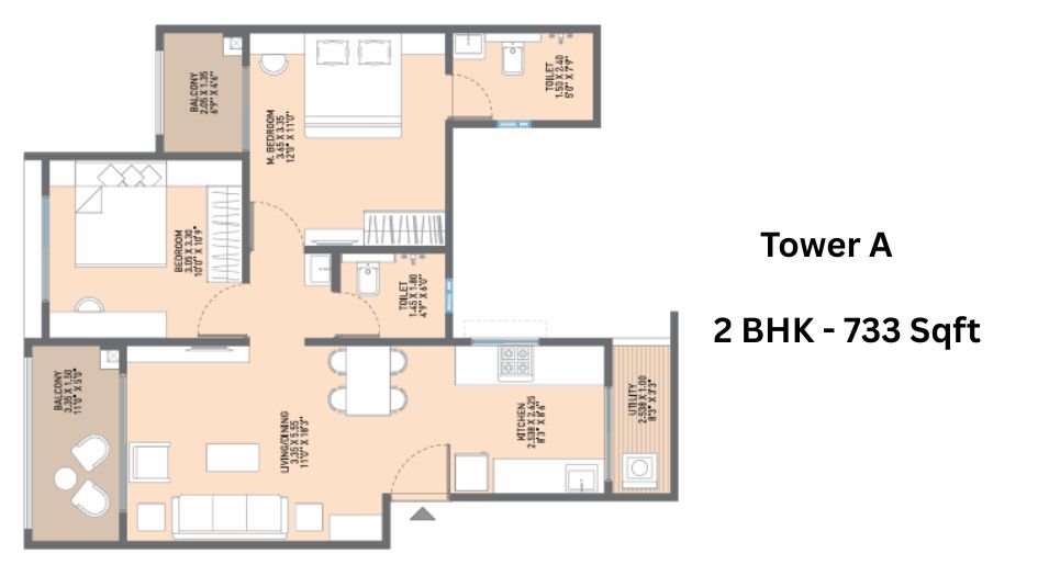 JN-AA-Privilege-Floor-Plan- Tower- A- 2 BHK - 733 Sqft